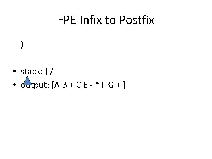 FPE Infix to Postfix ) • stack: ( / • output: [A B +