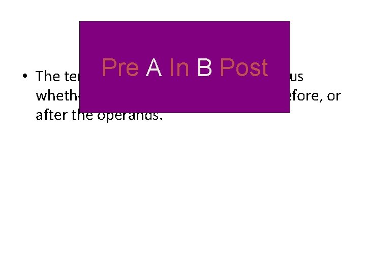 Pre A In B Post • The terms infix, prefix, and postfix tell us