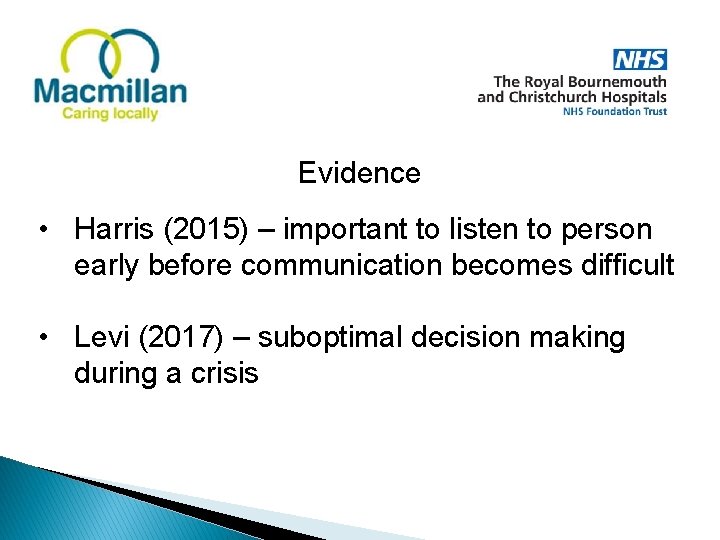 Evidence • Harris (2015) – important to listen to person early before communication becomes