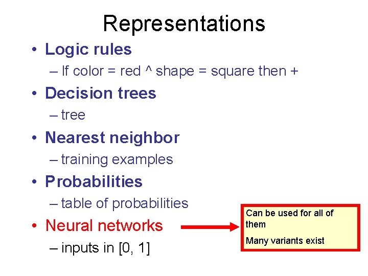 Representations • Logic rules – If color = red ^ shape = square then