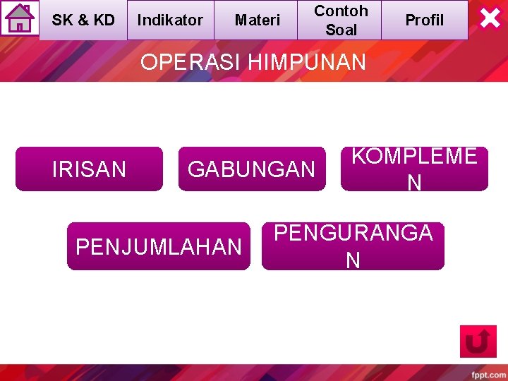 SK & KD Indikator Materi Contoh Soal Profil OPERASI HIMPUNAN IRISAN GABUNGAN PENJUMLAHAN KOMPLEME