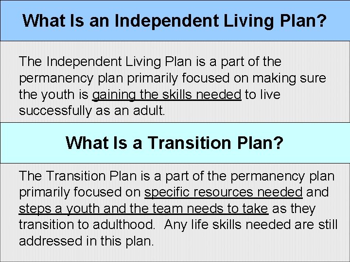 What Is an Independent Living Plan? The Independent Living Plan is a part of