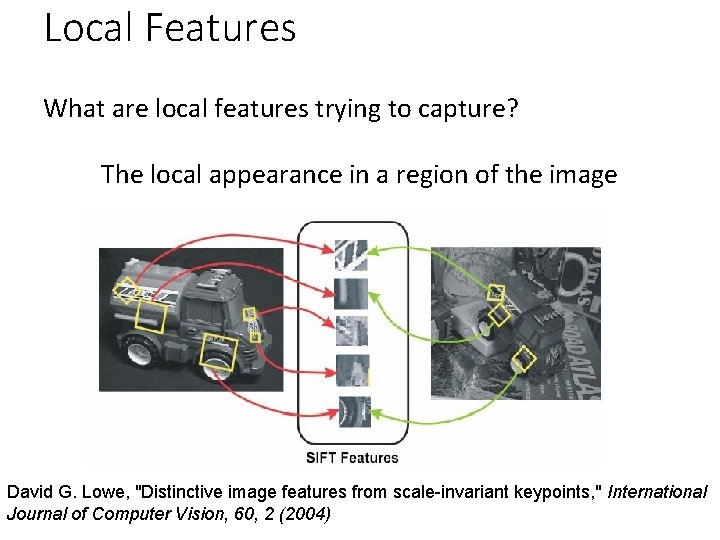 Local Features What are local features trying to capture? The local appearance in a