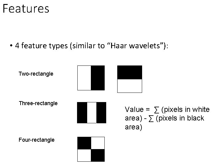 Features • 4 feature types (similar to “Haar wavelets”): Two-rectangle Three-rectangle Four-rectangle Value =