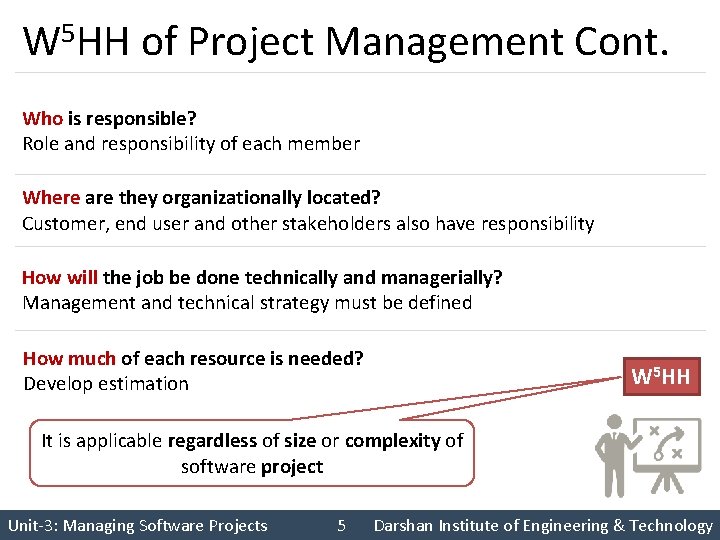 W 5 HH of Project Management Cont. Who is responsible? Role and responsibility of