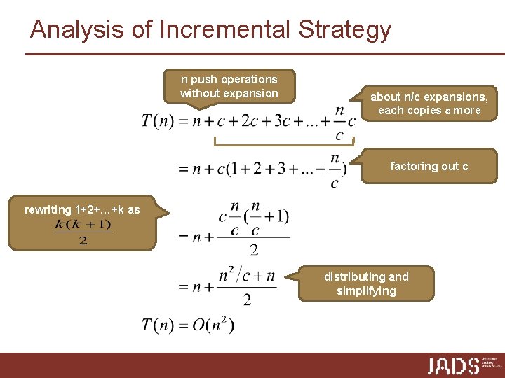 Analysis of Incremental Strategy n push operations without expansion about n/c expansions, each copies