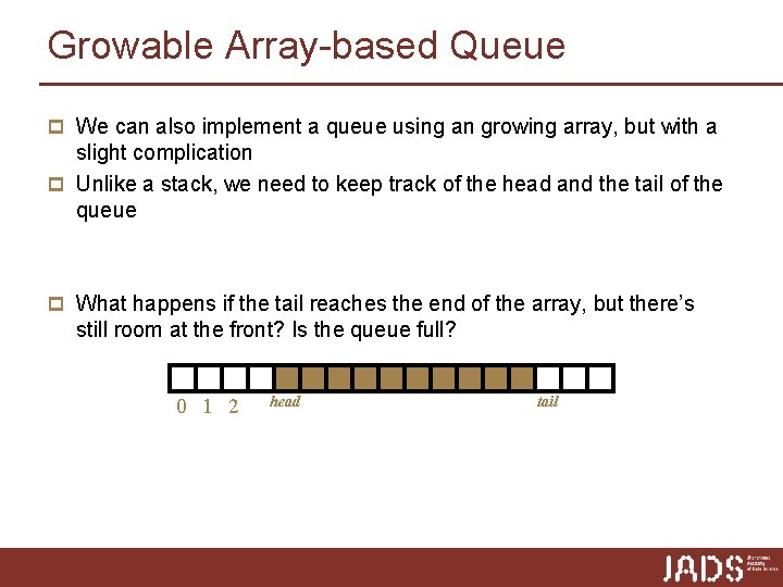 Growable Array-based Queue p We can also implement a queue using an growing array,