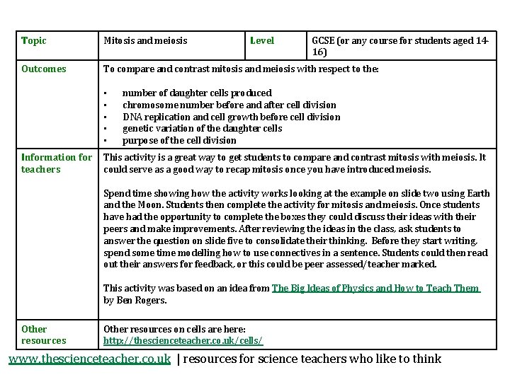 Topic Mitosis and meiosis Outcomes To compare and contrast mitosis and meiosis with respect