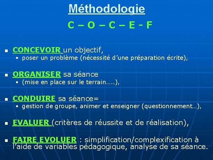 Méthodologie C – O – C – E - F n CONCEVOIR un objectif,