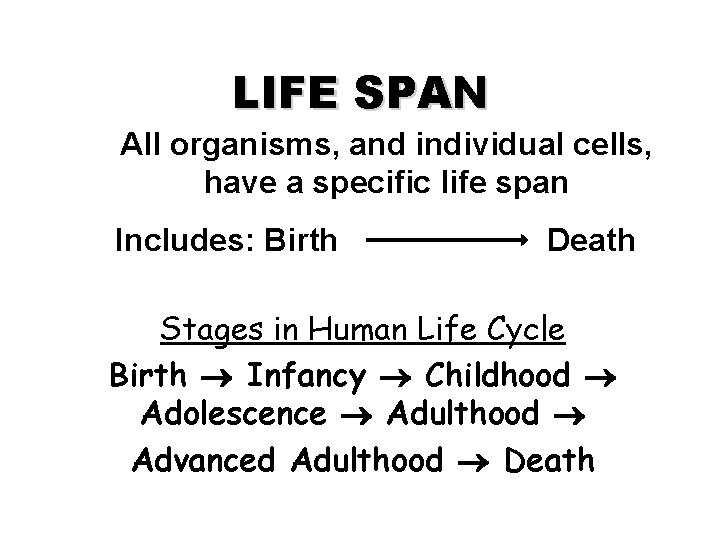 LIFE SPAN All organisms, and individual cells, have a specific life span Includes: Birth