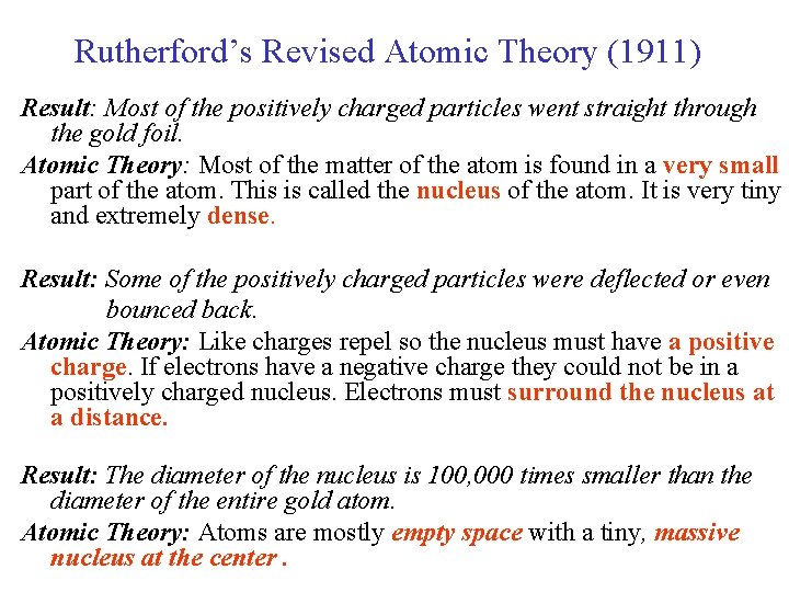 Rutherford’s Revised Atomic Theory (1911) Result: Most of the positively charged particles went straight Rutherford’s Revised Atomic Theory (1911) Result: Most of the positively charged particles went straight