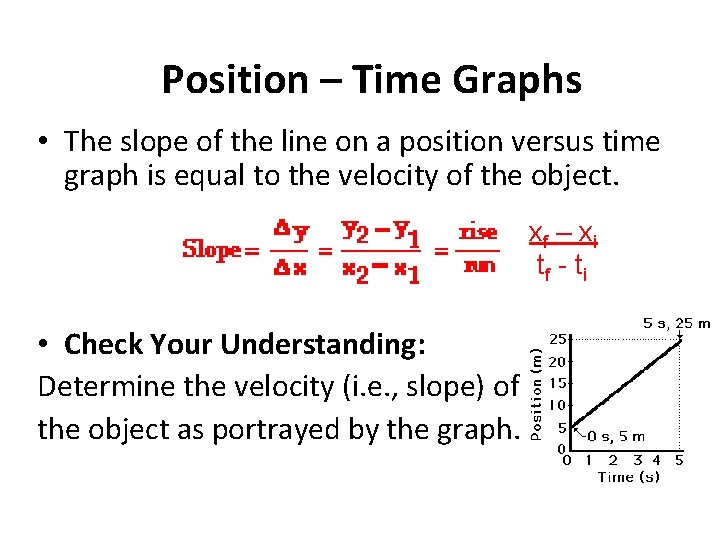 Position – Time Graphs • The slope of the line on a position versus