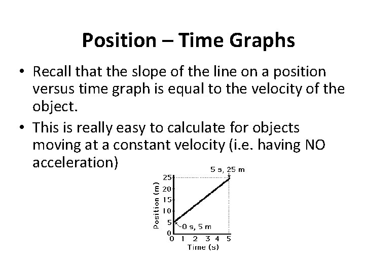 Position – Time Graphs • Recall that the slope of the line on a