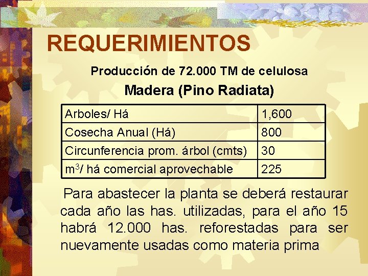 REQUERIMIENTOS Producción de 72. 000 TM de celulosa Madera (Pino Radiata) Arboles/ Há Cosecha