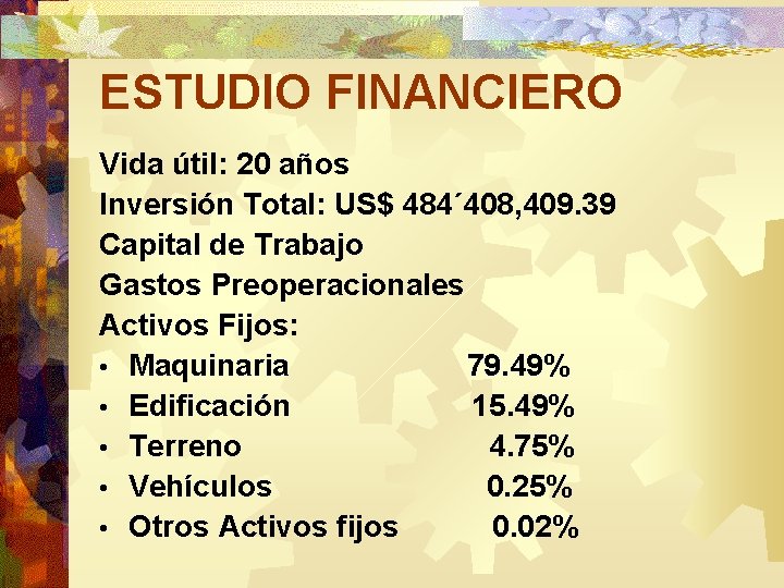 ESTUDIO FINANCIERO Vida útil: 20 años Inversión Total: US$ 484´ 408, 409. 39 Capital