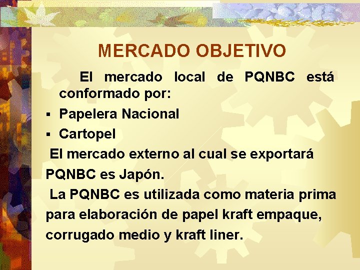 MERCADO OBJETIVO El mercado local de PQNBC está conformado por: § Papelera Nacional §