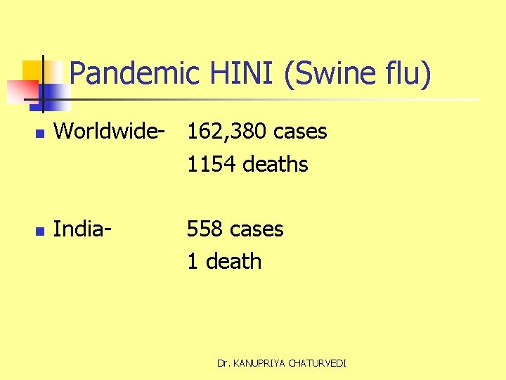 Pandemic HINI (Swine flu) n n Worldwide- 162, 380 cases 1154 deaths India- 558
