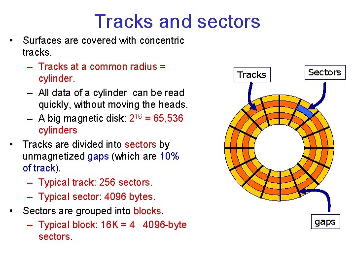 Tracks and sectors • Surfaces are covered with concentric tracks. – Tracks at a