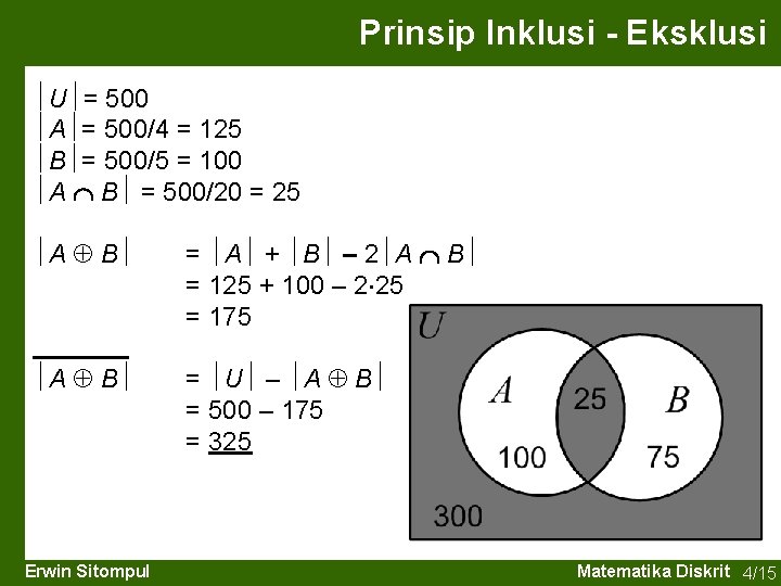 Prinsip Inklusi - Eksklusi U = 500 A = 500/4 = 125 B =