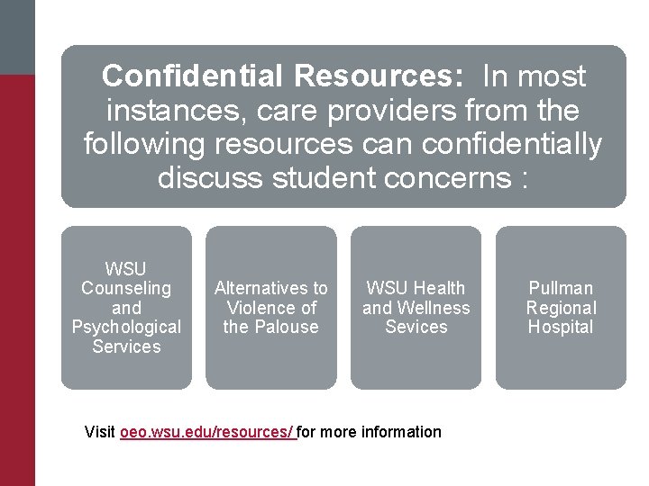 Confidential Resources: In most instances, care providers from the following resources can confidentially discuss