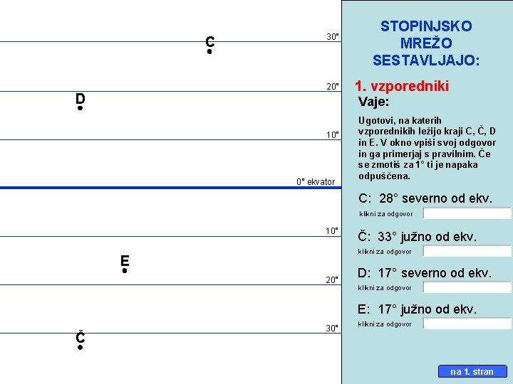 C 30° 20° D STOPINJSKO MREŽO SESTAVLJAJO: 1. vzporedniki Vaje: 10° 0° ekvator Ugotovi,