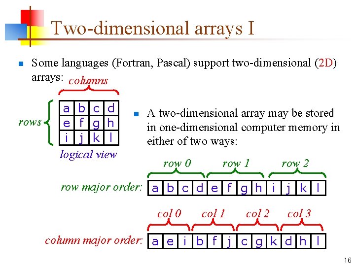 Two-dimensional arrays I n Some languages (Fortran, Pascal) support two-dimensional (2 D) arrays: columns