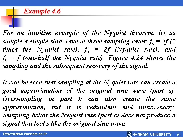 Example 4. 6 For an intuitive example of the Nyquist theorem, let us sample