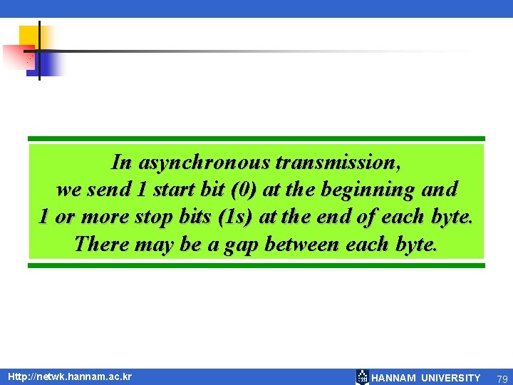 In asynchronous transmission, we send 1 start bit (0) at the beginning and 1