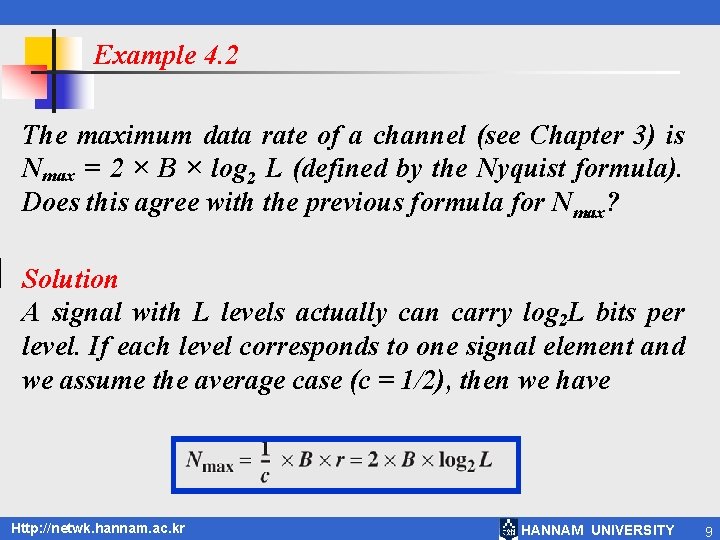 Example 4. 2 The maximum data rate of a channel (see Chapter 3) is