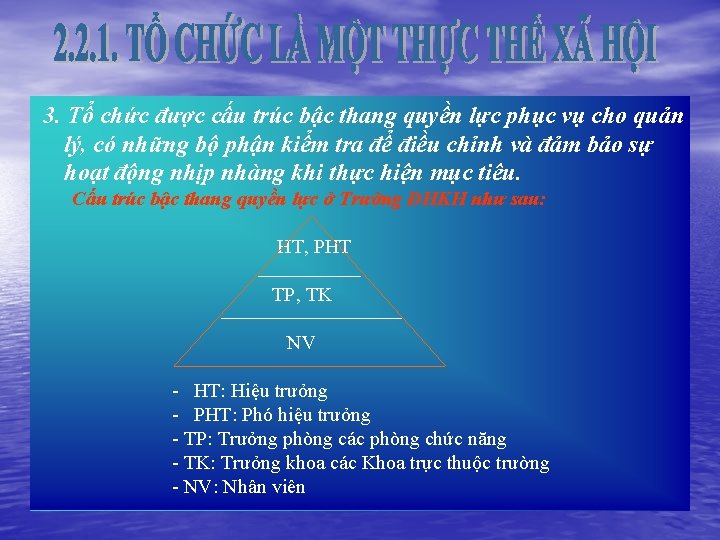  3. Tổ chức được cấu trúc bậc thang quyền lực phục vụ cho