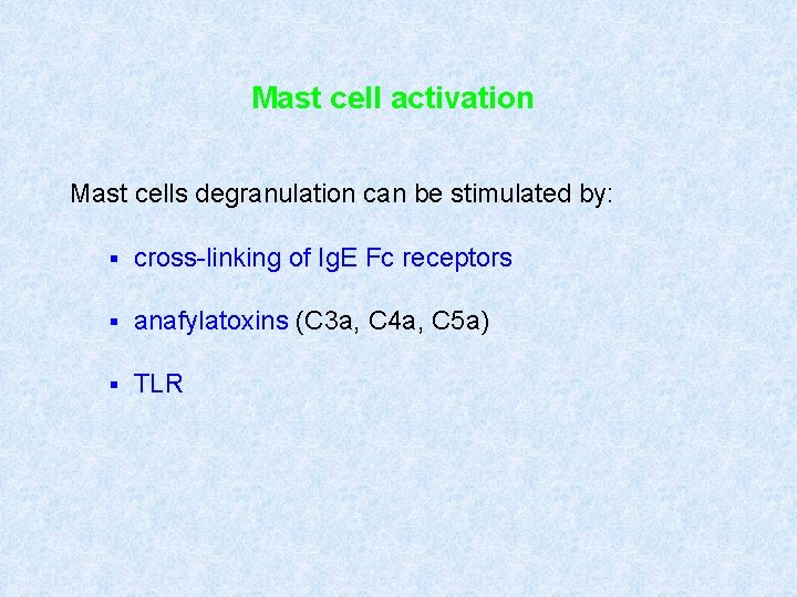 Mast cell activation Mast cells degranulation can be stimulated by: § cross-linking of Ig.