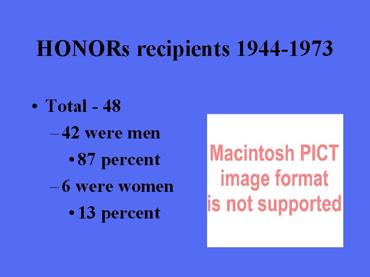 HONORs recipients 1944 -1973 • Total - 48 – 42 were men • 87