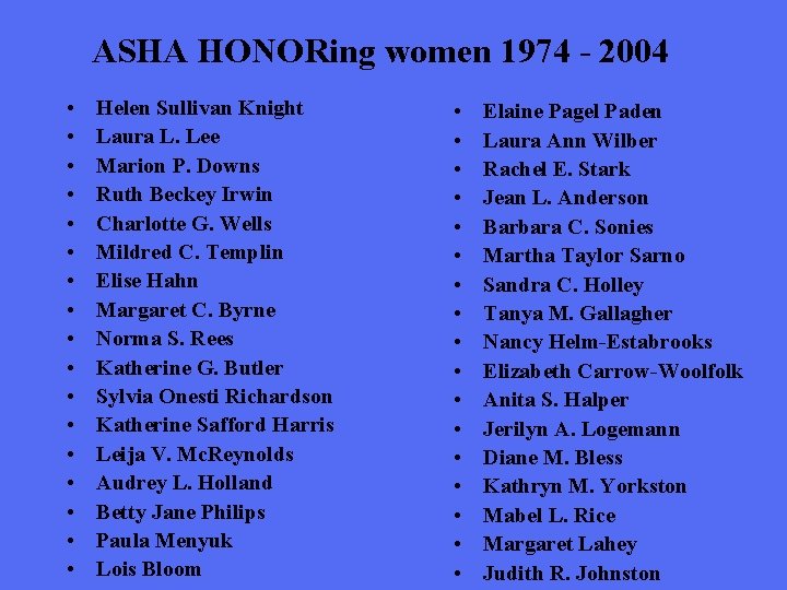 ASHA HONORing women 1974 - 2004 • • • • • Helen Sullivan Knight