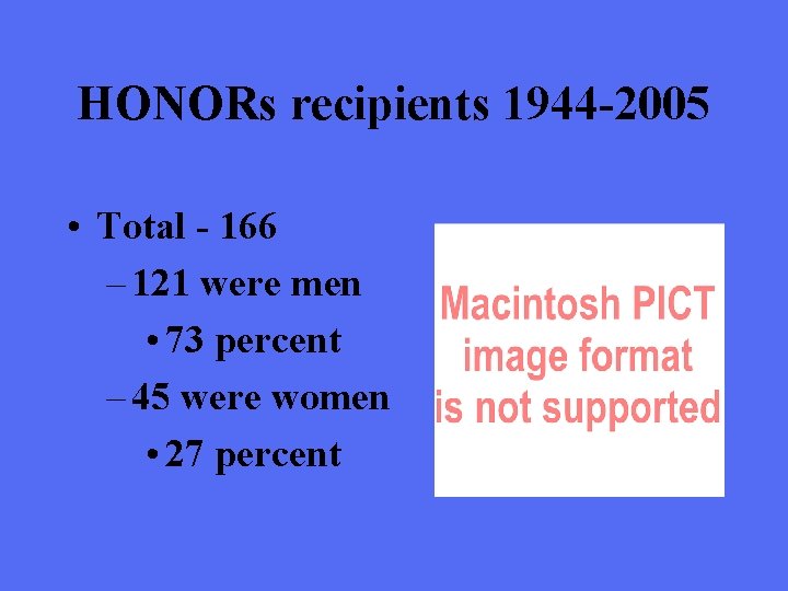HONORs recipients 1944 -2005 • Total - 166 – 121 were men • 73