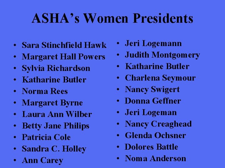 ASHA’s Women Presidents • • • Sara Stinchfield Hawk Margaret Hall Powers Sylvia Richardson