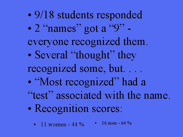  • 9/18 students responded • 2 “names” got a “ 9” everyone recognized