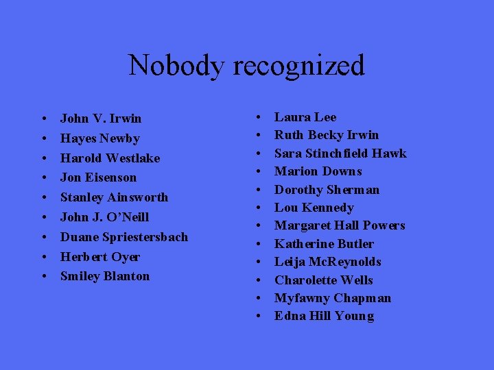 Nobody recognized • • • John V. Irwin Hayes Newby Harold Westlake Jon Eisenson