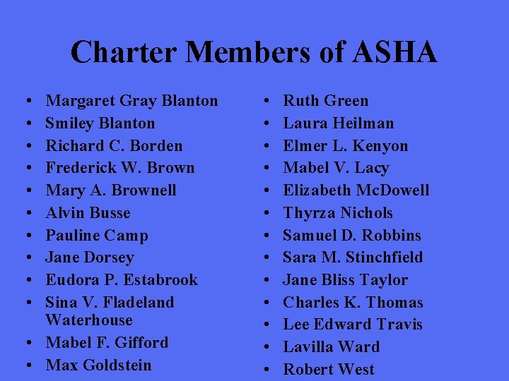 Charter Members of ASHA • • • Margaret Gray Blanton Smiley Blanton Richard C.