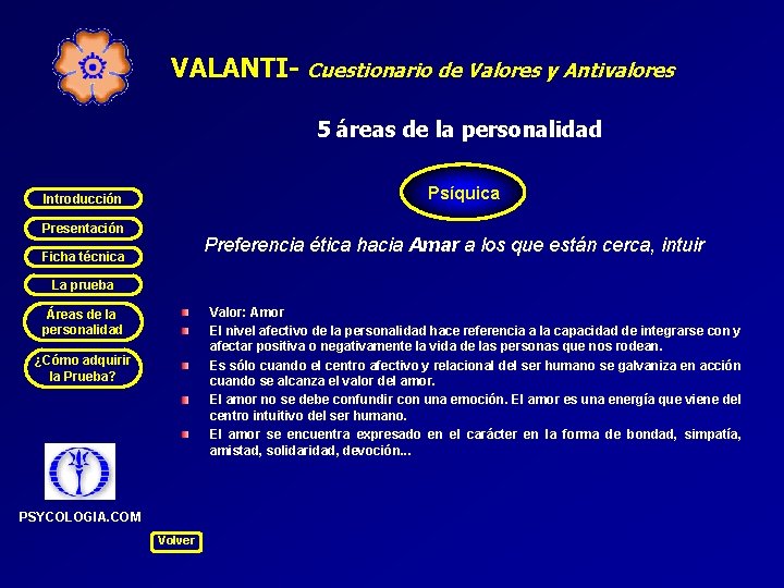 VALANTI- Cuestionario de Valores y Antivalores 5 áreas de la personalidad Psíquica Introducción Presentación