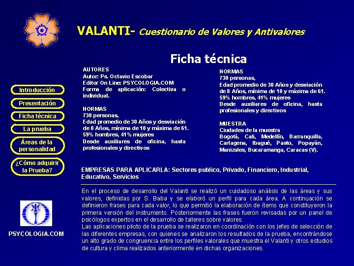 VALANTI- Cuestionario de Valores y Antivalores Ficha técnica Introducción Presentación Ficha técnica La prueba