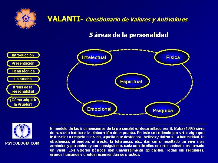 VALANTI- Cuestionario de Valores y Antivalores 5 áreas de la personalidad Introducción Intelectual Física