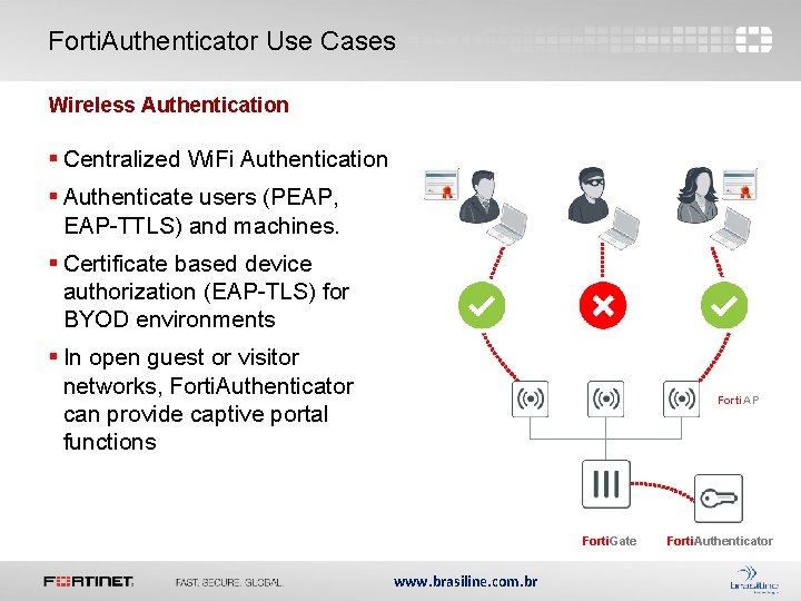 Forti. Authenticator Use Cases Wireless Authentication § Centralized Wi. Fi Authentication § Authenticate users