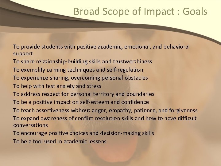 Broad Scope of Impact : Goals To provide students with positive academic, emotional, and