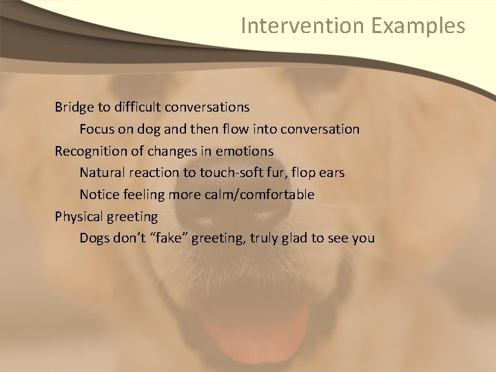 Intervention Examples Bridge to difficult conversations Focus on dog and then flow into conversation