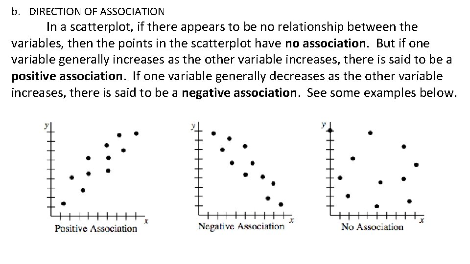 b. DIRECTION OF ASSOCIATION In a scatterplot, if there appears to be no relationship b. DIRECTION OF ASSOCIATION In a scatterplot, if there appears to be no relationship