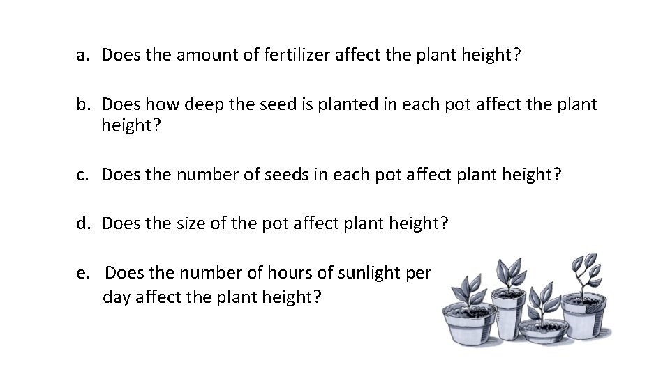 a. Does the amount of fertilizer affect the plant height? b. Does how deep a. Does the amount of fertilizer affect the plant height? b. Does how deep