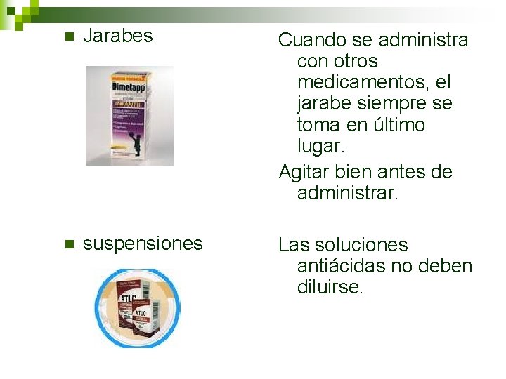 n Jarabes Cuando se administra con otros medicamentos, el jarabe siempre se toma en n Jarabes Cuando se administra con otros medicamentos, el jarabe siempre se toma en