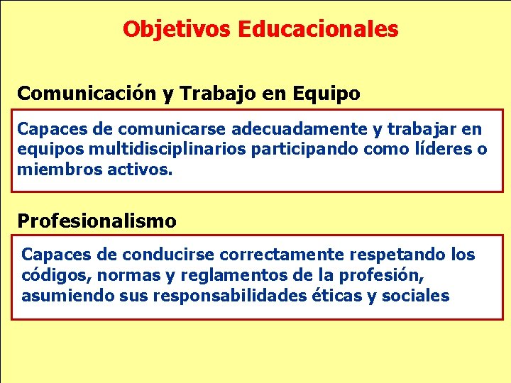 Objetivos Educacionales Comunicación y Trabajo en Equipo Capaces de comunicarse adecuadamente y trabajar en