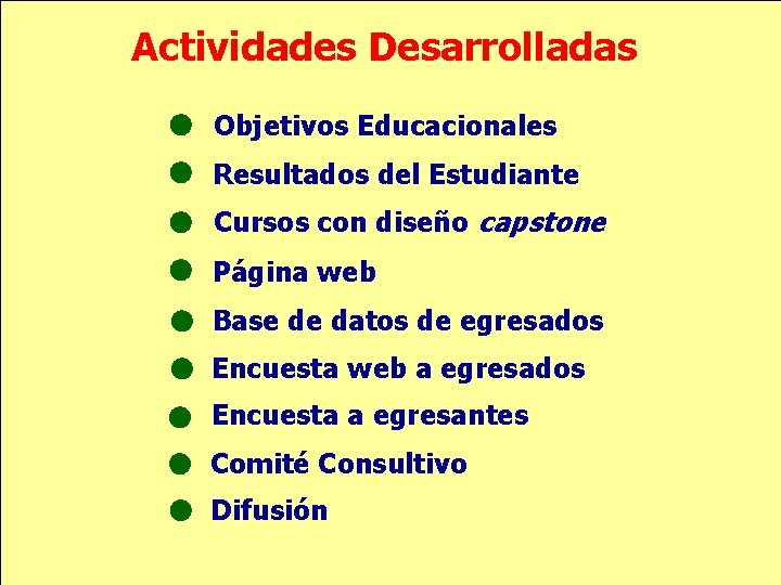 Actividades Desarrolladas Objetivos Educacionales Resultados del Estudiante Cursos con diseño capstone Página web Base