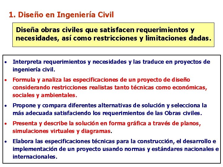 1. Diseño en Ingeniería Civil Diseña obras civiles que satisfacen requerimientos y necesidades, así 1. Diseño en Ingeniería Civil Diseña obras civiles que satisfacen requerimientos y necesidades, así